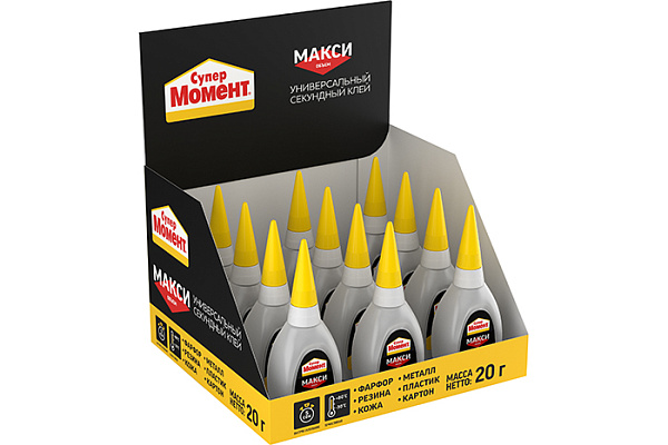 Клей секундныйи МОМЕНТ СУПЕРМОМЕНТ МАКСИ флакон в шоу-боксе 20г 3040007 (1/12/48)