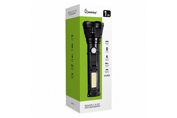 Фонарь SMARTBUY встроенный аккумулятор LED+COB, MicroUSB, ABS, черный SBF-836 (4257)